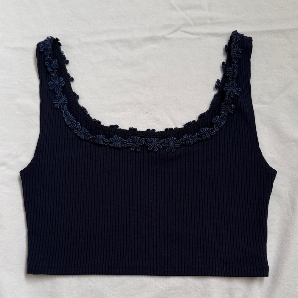 Reformation Navy Floral-Trim Crop Top